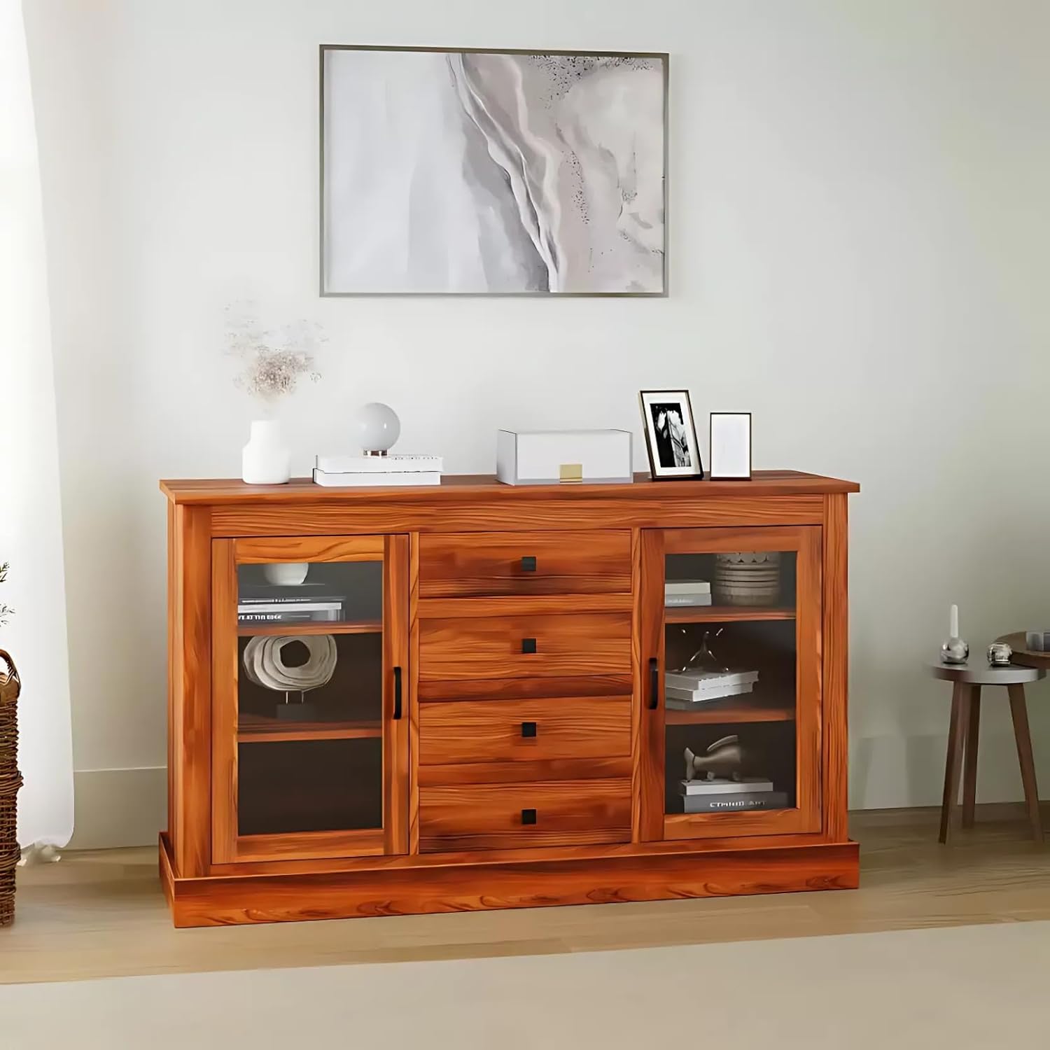 Solid Sheesham Wood Sideboard Tv Cabinet for Living Room | Free Standing Movable Tv Unit Side Board Table with 4 Drawers & 2 Cabinet Storage Furniture for Home | Honey Finish