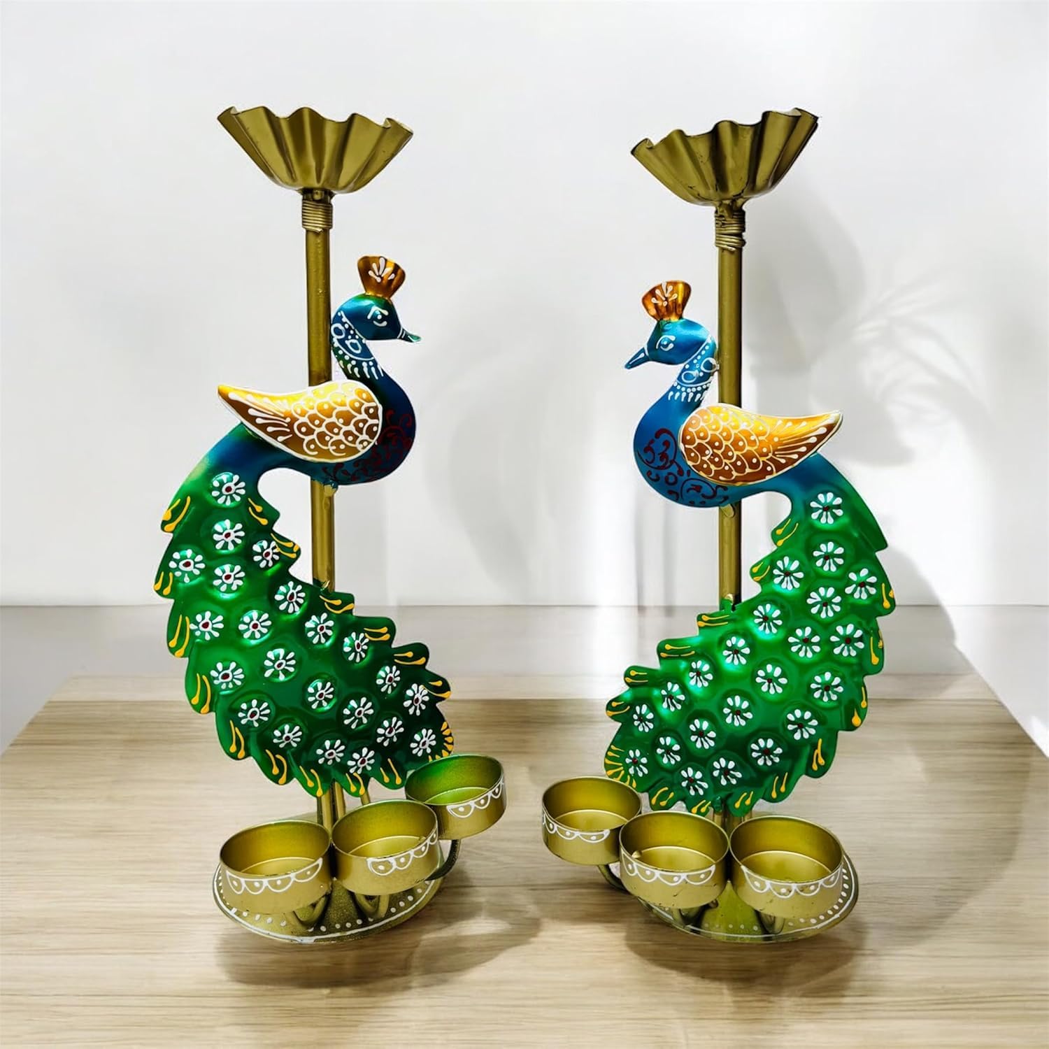 Decorative Peacock Tealight Candle Holder Set, Metal Handcrafted, Traditional Design, Set of 2 for Size- (Size-14x4x4 Inches)